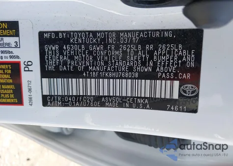 2017 Toyota Camry Le z USA, uszkodzony, nr VIN 4T1BF1FK8HU768038